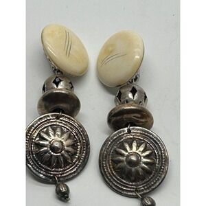 Vtg LES BERNARD Runway EARRINGS Faux Bone & Silver‎ Toned Dangle Southwestern